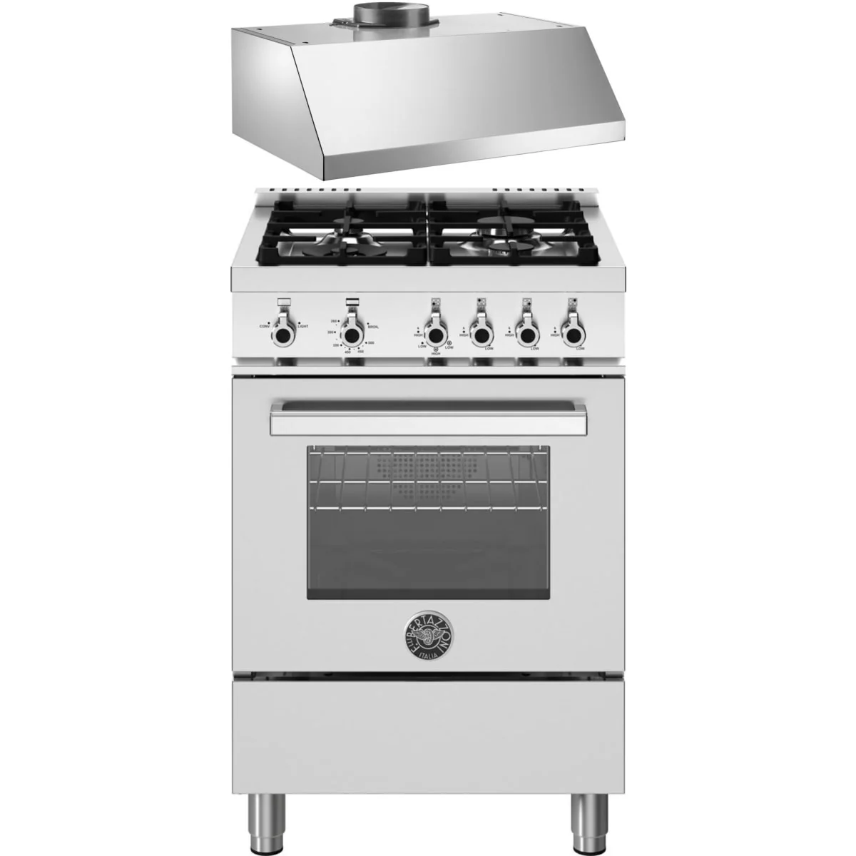 Bertazzoni 2-Piece Package PRO244GASXV 24 Inch Freestanding Gas Range and KU24PRO1XV 24 Inch Under Cabinet Range Hood