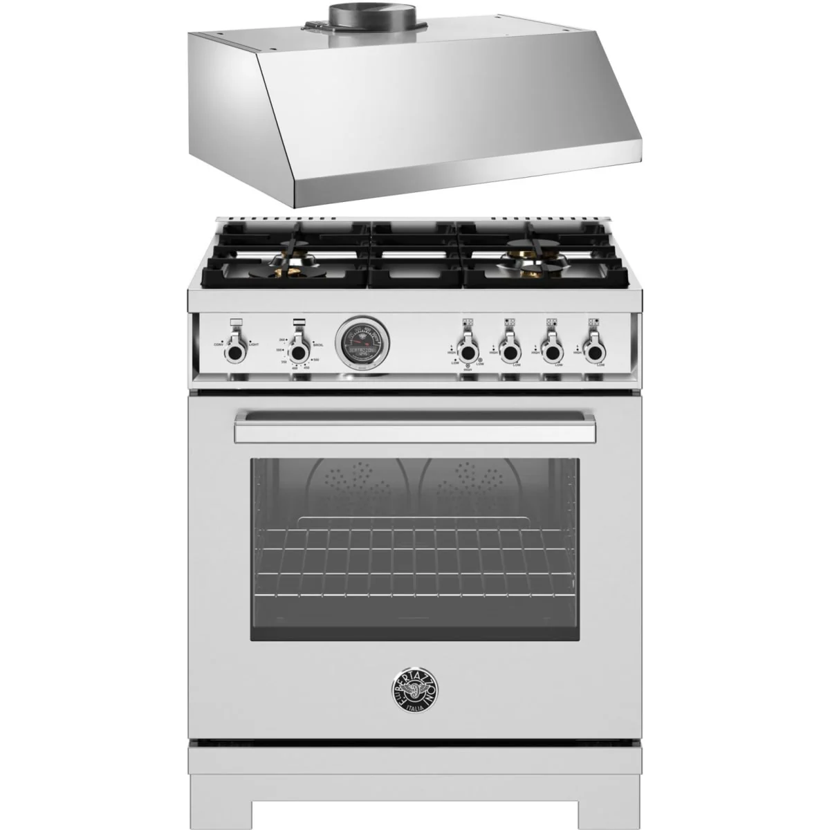Bertazzoni 2-Piece Package PRO304BFGMXT 30 Inch Freestanding Counter Depth Gas Range and KU30PRO1XV 30 Inch Under Cabinet Range Hood