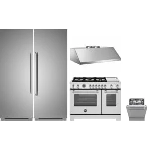 Bertazzoni 5-Piece Package REF30RCPIXL23 30 All Refrigerator Column and REF30FCIPIXR23 30 Column Freezer and MAS486BTFGMXT 48 Freestanding Gas Range and DW24T3IXT 24 Integrated Built-In Dishwasher and KU48PRO2X14 Under Cabinet/Wall Mount Range Hood