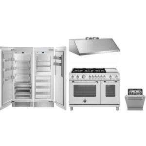 Bertazzoni 5-Piece Package REF30RCPRL23 30 Panel-Ready All Refrigerator Column and REF30FCIPRR23 30 Freezer Column Refrigerator and MAS486GGASXV 48 Gas Range and DW24T3IXT 24 Integrated Dishwasher and KU48PRO2X14 Under Cabinet/Hood