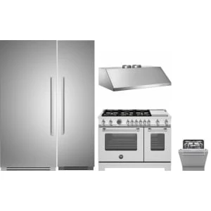 Bertazzoni 5-Piece Package REF36RCPIXL23 36 Built-In All Refrigerator Column and REF24FCIPIXR23 24 Freezer Column and MAS486BTFGMXT 48 Gas Range and DW24T3IXT 24 Integrated Dishwasher and KU48PRO2X14 Under Cabinet/Hood