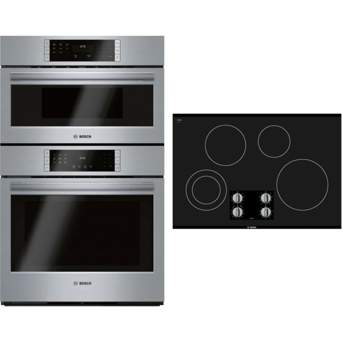 Bosch 2-Piece Package NEM5066UC 30 Inch Electric Cooktop and HBL87M53UC 30 Inch Double Combination Smart Electric Wall Oven