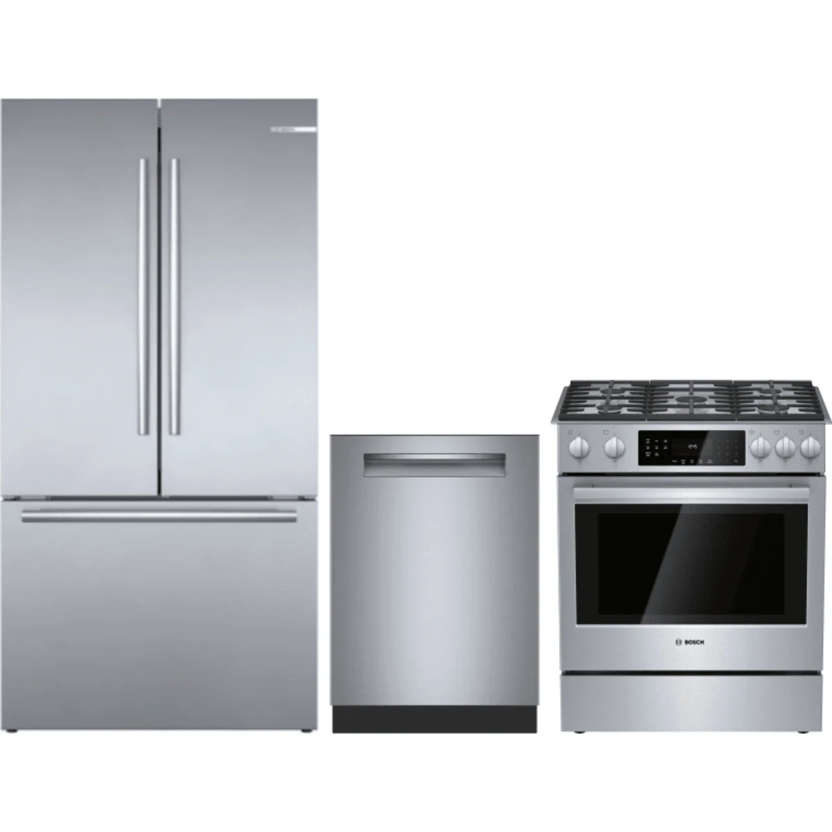 Bosch 3-Piece Package B36CT80SNS 36 Inch Smart Counter Depth French Door Refrigerator and HGI8056UC 30 Inch Slide-In Gas Range and SHP65DM5N 24 Inch Fully Integrated Built-In Smart Dishwasher