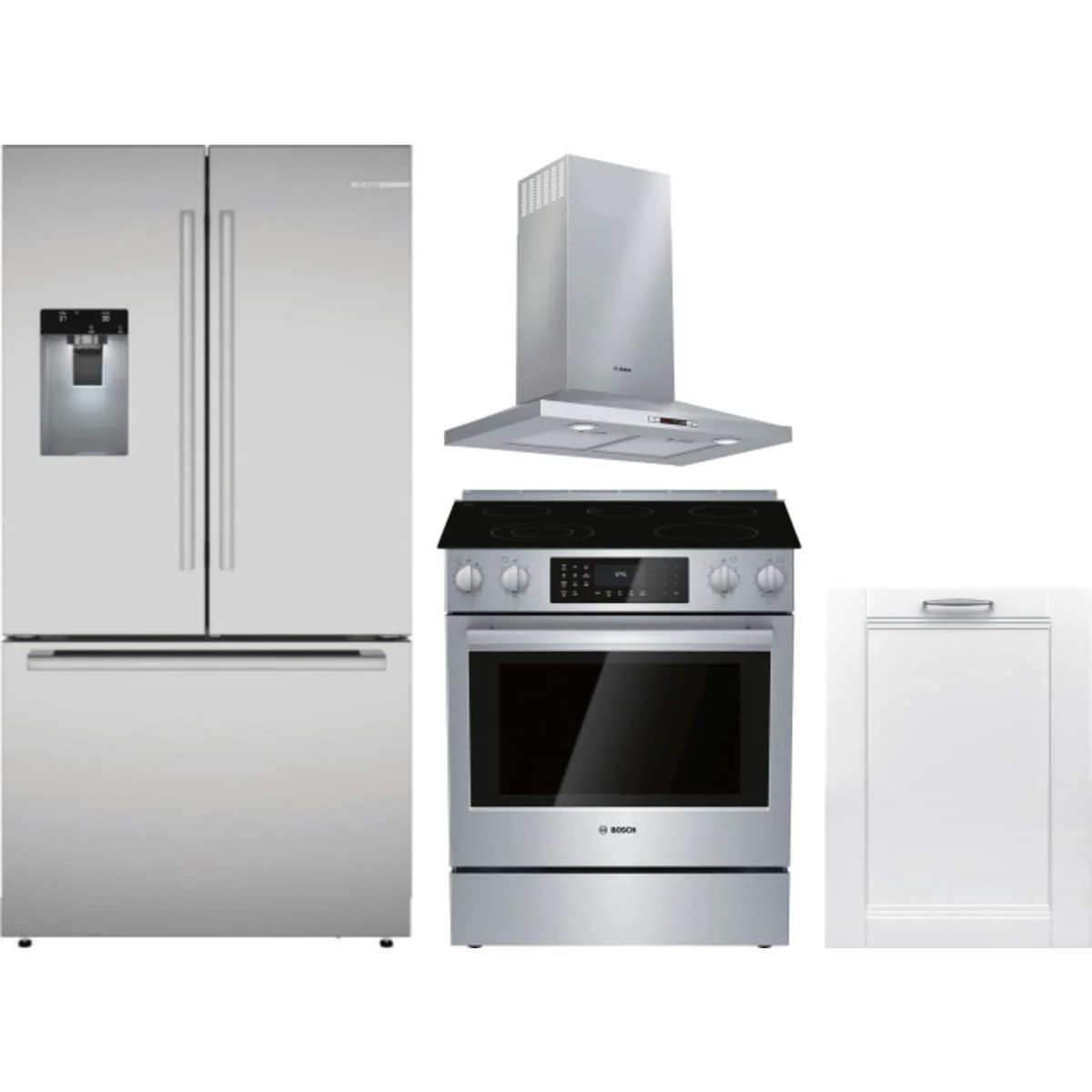 Bosch 4-Piece Package B36CD52SNS 36 Inch French Door Refrigerator and HEI8056U 30 Inch Electric Range and SHV78CM3N 24 Inch Panel Ready Smart Dishwasher and HCP30E52UC 30 Inch Wall Mount Chimney Hood