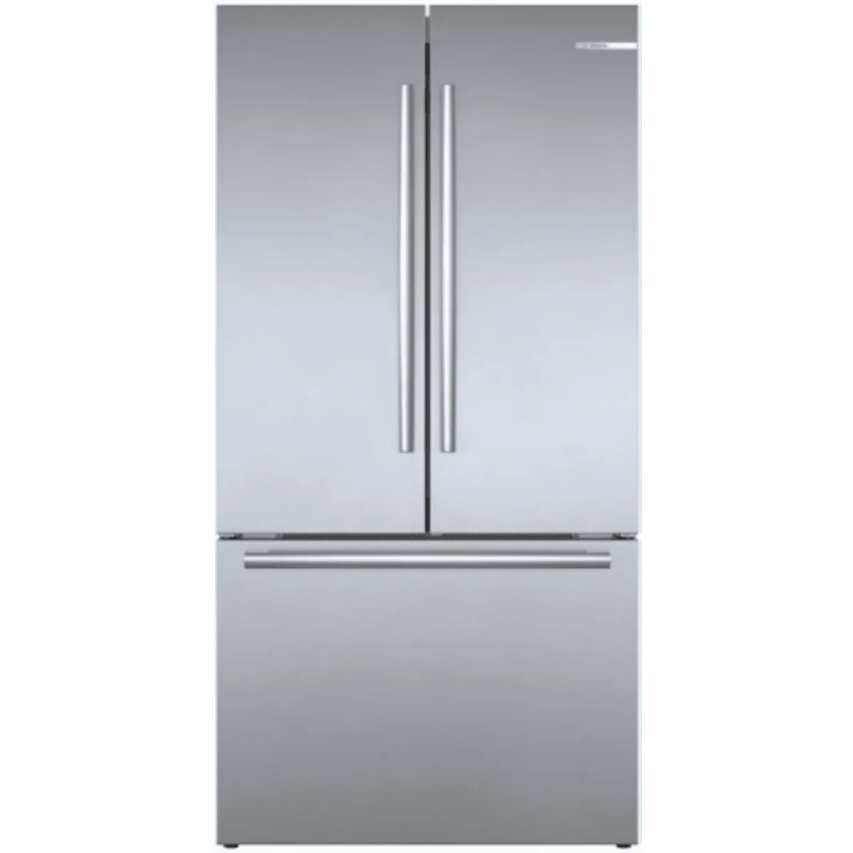 Bosch 4-Piece Package B36CT80SNS 36 Inch Smart Counter Depth French Door Refrigerator and HDS8655U 36 Inch Freestanding Dual Fuel Range and SHE41CM5N 24 Inch Full Console Built-In Smart Dishwasher and HCB56651UC Wall Mount Chimney Range Hood