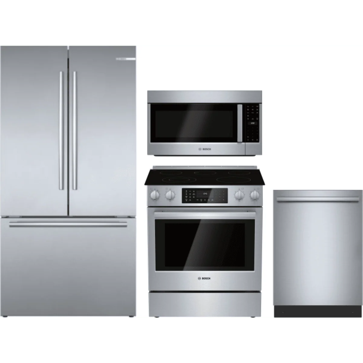 Bosch 4-Piece Package B36CT80SNS 36 Inch Smart Counter Depth French Door Refrigerator and HEI8056U 30 Inch Slide-In Electric Range and SHX53DM5N 24 Inch Fully Integrated Built-In Smart Dishwasher and HMV5053U 2.1 cu. ft. Over-the-Range Microwave Oven