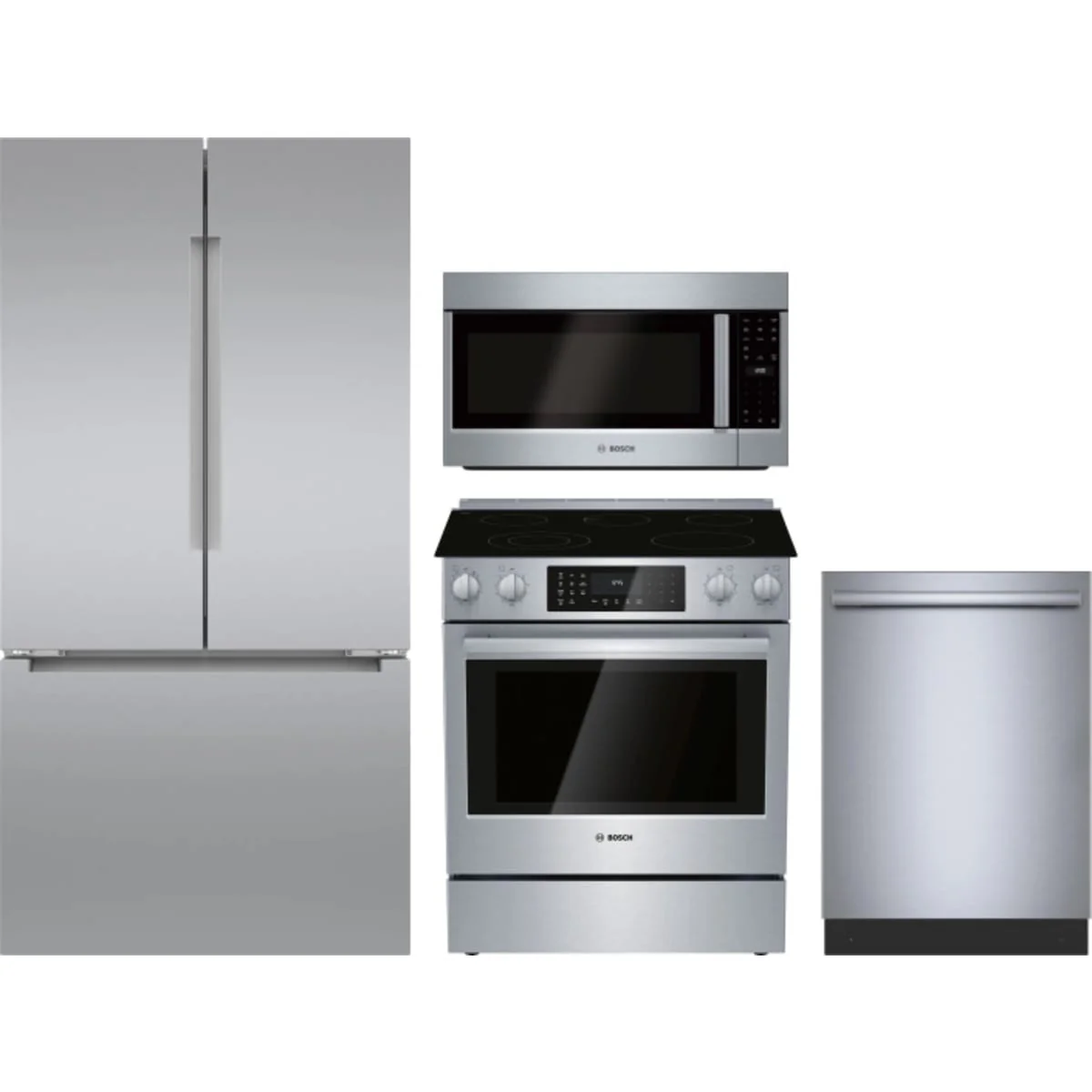 Bosch 4-Piece Package B36CT81ENS 36 Inch Counter Depth French Door Refrigerator and HEI8056U 30 Inch Electric Range and SHX53DM5N 24 Inch Fully Integrated Dishwasher and HMV5053U 2.1 cu. ft. Over-the-Range Microwave