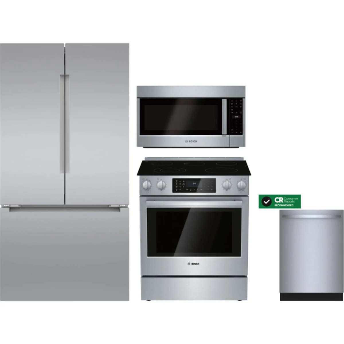 Bosch 4-Piece Package B36CT81ENS 36 Inch Counter Depth French Door Refrigerator and HEI8056U 30 Inch Electric Range and SHX78CM5N 24 Inch Fully Integrated Smart Dishwasher and HMV5053U 2.1 cu. ft. Over-the-Range Microwave