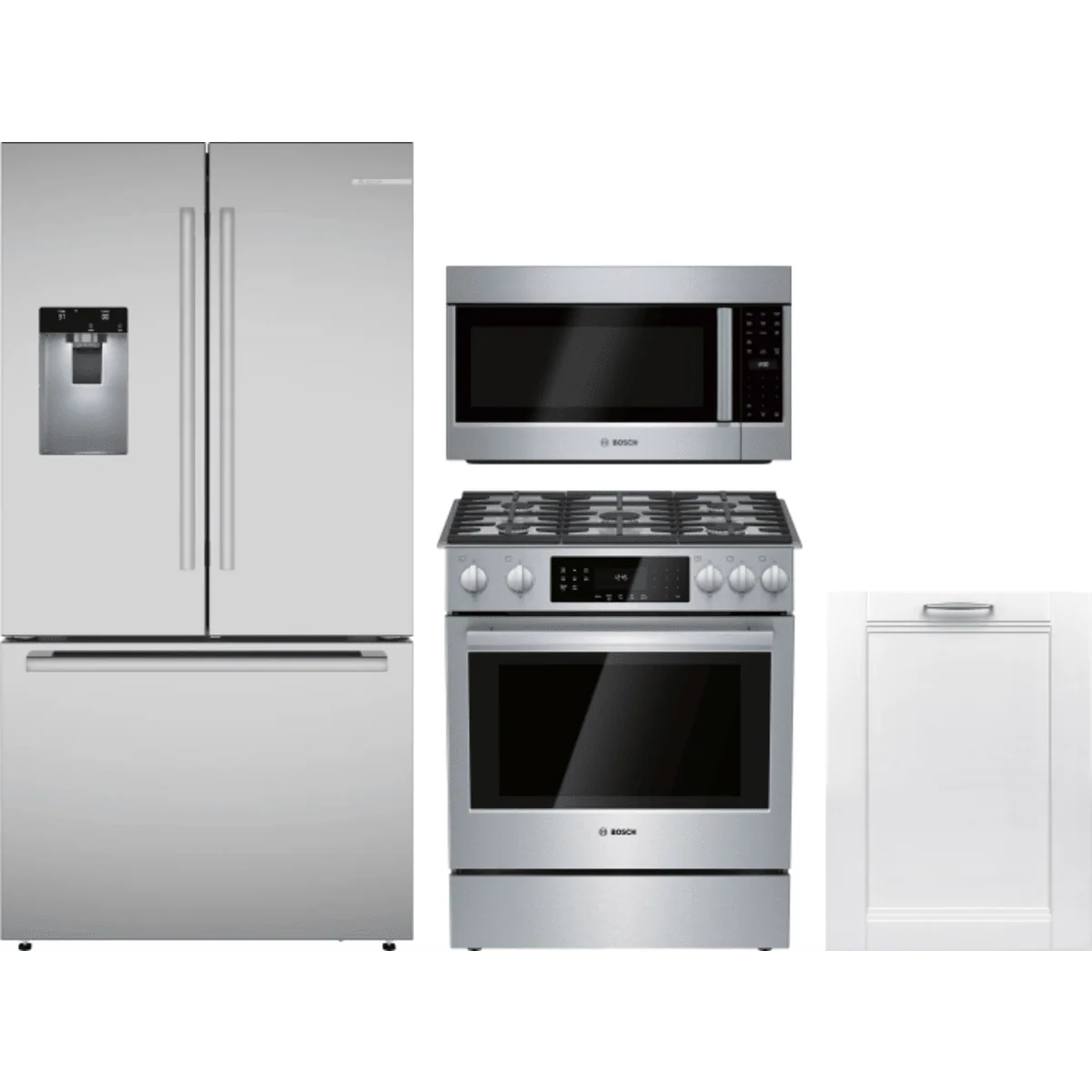 Bosch 4-Piece Package B36FD52SNS 36 Inch French Door Refrigerator and HGI8056UC 30 Inch Gas Range and SHV78CM3N 24 Inch Panel Ready Smart Dishwasher and HMV5053U 2.1 cu. ft. Over-the-Range Microwave