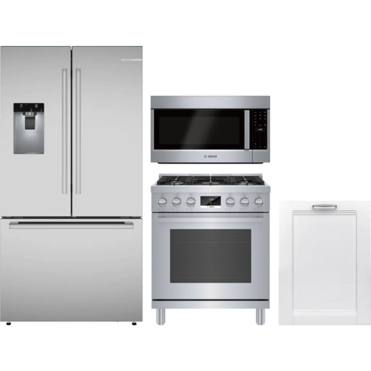 Bosch 4-Piece Package B36FD52SNS 36 Inch French Door Refrigerator and HGS8055UC 30 Inch Gas Range and SHV78CM3N 24 Inch Panel Ready Smart Dishwasher and HMV5053U 2.1 cu. ft. Over-the-Range Microwave