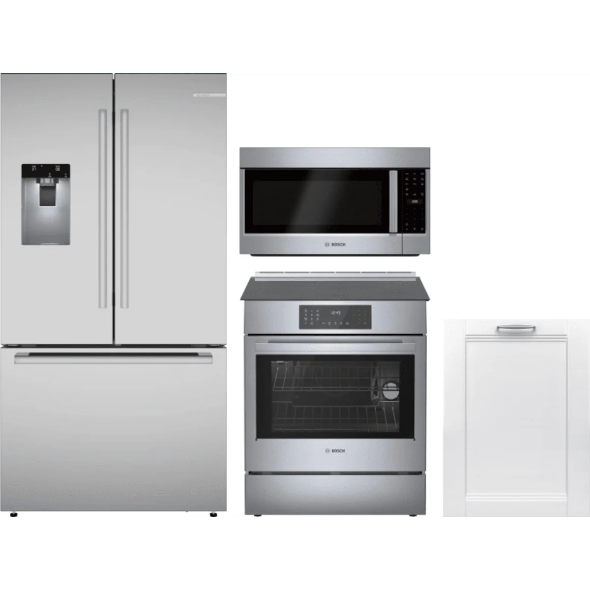 Bosch 4-Piece Package B36FD52SNS 36 Inch French Door Refrigerator and HII8057U 30 Inch Induction Range and SHV78CM3N 24 Inch Panel Ready Smart Dishwasher and HMV5053U 2.1 cu. ft. Over-the-Range Microwave