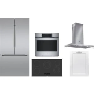Bosch 5-Piece Package B36CT81ENS 36 Counter-Depth Freestanding French-Door Smart Refrigerator and SHV78CM3N 24 Integrated Panel-Ready Dishwasher and HBL8454UC 30 Wall Oven and NET8669UC 36 Electric Cooktop and HCB56651UC Hood