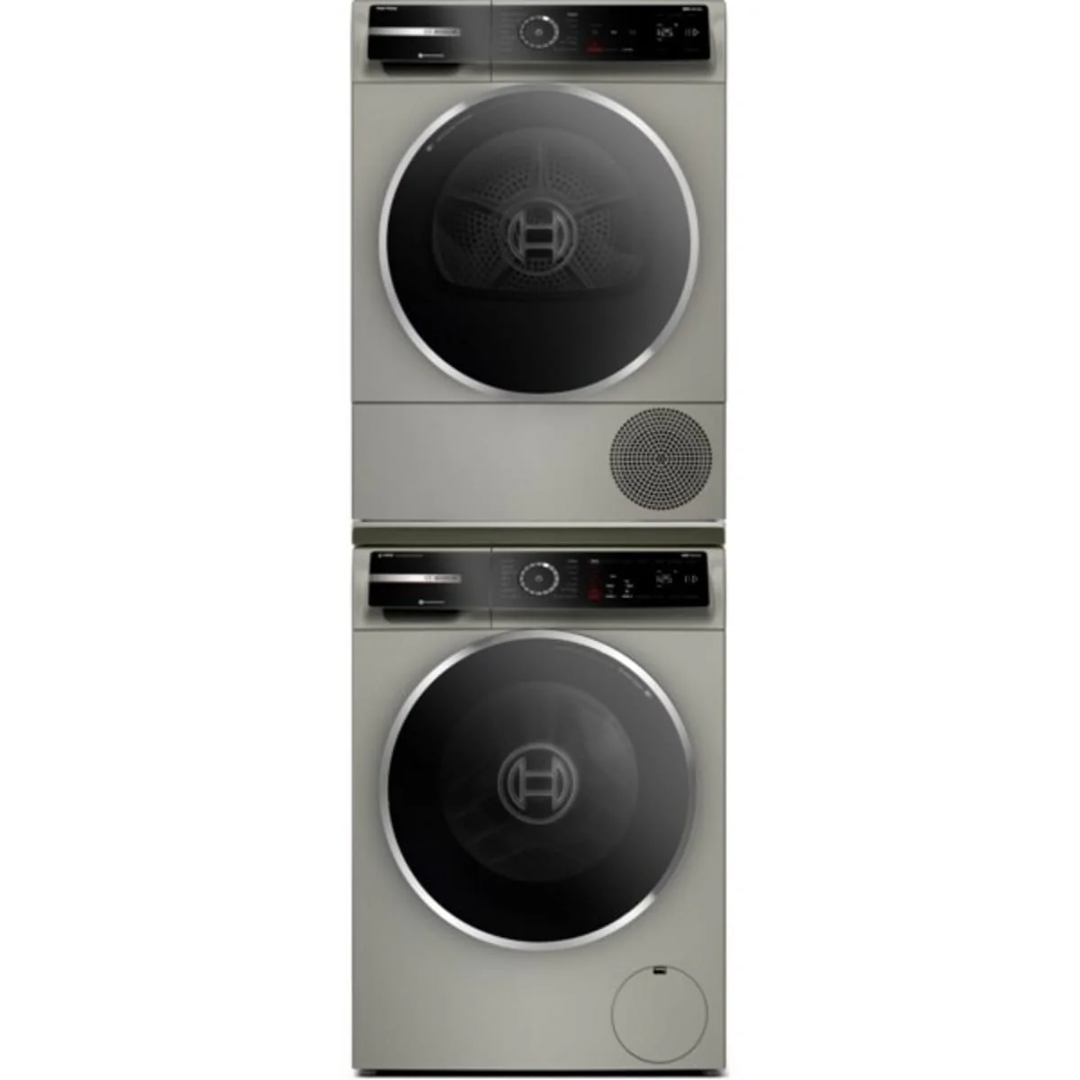 Bosch WGB246AXUC 24 Inch Smart Front Load Washer & Bosch WQB245AXUC 24 Inch Compact Heat Pump Dryer with Bosch WTZ2751XUC Laundry Stacking Kit for Compact Front Load Washer & Dryer in Grey