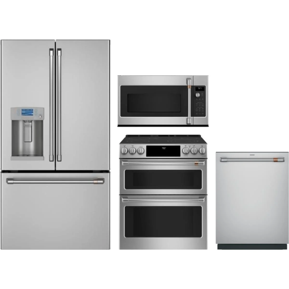 Cafe 4-Piece Package CFE28TP2MS1 36 Inch French Door Smart Refrigerator and CES750P2MS1 30 Inch Slide-In Electric Smart Range and CDT828P2VS1 24 Inch Fully Integrated Dishwasher and CVM521P2MS1 2.1 cu. ft. Over-the-Range Microwave Oven