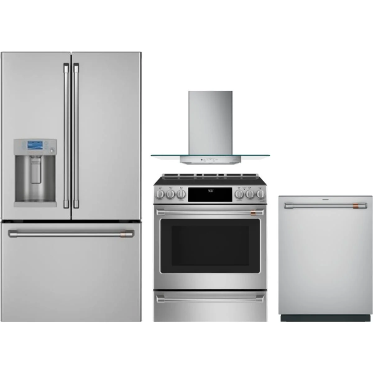Cafe 4-Piece Package CFE28TP2MS1 36 Inch French Door Smart Refrigerator and CHS900P2MS1 30 Inch Slide-In Induction Smart Range and CDT828P2VS1 24 Inch Fully Integrated Dishwasher and CVW73012MSS 30 Inch Wall-Mount Glass Canopy Chimney Hood