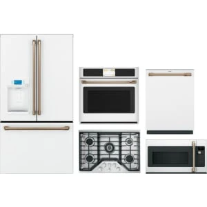 Cafe 5-Piece Package CFE28TP4MW2 36 French-Door Smart Refrigerator and CTS90DP4NW2 30 Wall Oven and CDT858P4VW2 24 Integrated Dishwasher and CGP95302MS1 30 Cooktop and CVM517P4RW2 30 Over-the-Range Convection Microwave Oven