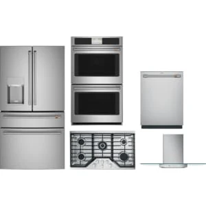Cafe 5-Piece Package CVE28DP2NS1 36 4-Door French-Door Smart Refrigerator and CGP95362MS1 36 Cooktop and CTD70DP2NS1 30 Double Convection Electric Wall Oven and CDT828P2VS1 24 Integrated Dishwasher and CVW73612MSS 36 Wall-Mount Glass Canopy Chimney Hood