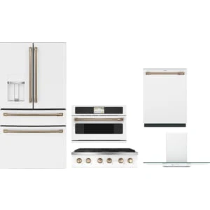 Cafe 5-Piece Package CVE28DP4NW2 36 4-Door French-Door Smart Refrigerator and CGU366P4TW2 36 Commercial-Style Gas Rangetop and CSB913P4VW2 30 Microwave Oven and CDT858P4VW2 24 Integrated Dishwasher and CVW73614MWM 36 Wall-Mount Glass Canopy Chimney Hood