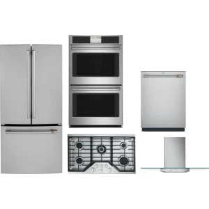 Cafe 5-Piece Package CWE19SP2NS1 33 Counter-Depth Refrigerator and CGP95362MS1 36 Cooktop and CTD70DP2NS1 30 Double Convection Electric Wall Oven and CDT828P2VS1 24 Integrated Dishwasher and CVW73612MSS 36 Wall-Mount Glass Canopy Chimney Hood