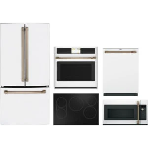 Cafe 5-Piece Package CWE19SP4NW2 33 Counter-Depth French-Door Smart Refrigerator and CTS90DP4NW2 30 Wall Oven and CDT858P4VW2 24 Integrated Dishwasher and CEP90301TBB 30 Electric Cooktop and CVM517P4RW2 30 Over-the-Range Convection Microwave Oven