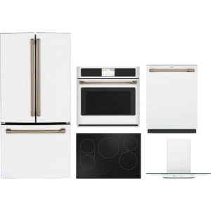 Cafe 5-Piece Package CWE19SP4NW2 33 Counter-Depth French-Door Smart Refrigerator and CTS90DP4NW2 30 Wall Oven and CDT858P4VW2 24 Integrated Dishwasher and CEP90301TBB 30 Electric Cooktop and CVW73014MWM 30 Wall-Mount Glass Canopy Chimney Hood