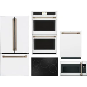Cafe 5-Piece Package CWE19SP4NW2 33 Counter-Depth Refrigerator and CTD90DP4NW2 30 Double Convection Electric Wall Oven and CDT858P4VW2 24 Integrated Dishwasher and CEP90301TBB 30 Electric Cooktop and CVM517P4RW2 30 Over-the-Range Convection Microwave Oven