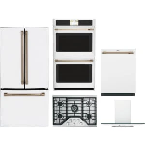Cafe 5-Piece Package CWE19SP4NW2 33 Counter-Depth Refrigerator and CTD90DP4NW2 30 Double Convection Electric Wall Oven and CDT858P4VW2 24 Integrated Dishwasher and CGP95302MS1 30 Cooktop and CVW73014MWM 30 Wall-Mount Glass Canopy Chimney Hood