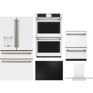 Cafe 5-Piece Package CXE22DP4PW2 36 Counter-Depth 4-Door French-Door Smart Refrigerator and CTD90DP4NW2 30 Double Convection Electric Wall Oven and CDD420P4TW2 24 Integrated Double Drawer Dishwasher and CEP90301TBB 30 Electric Cooktop and CVW73014MWM 30