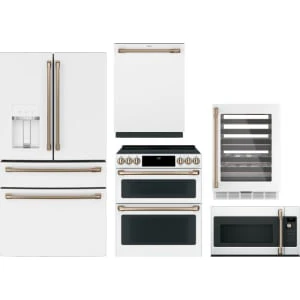 Cafe 5-Piece Package CXE22DP4PW2 36 Counter-Depth 4-Door Refrigerator and CHS950P4MW2 30 Slide-In Induction Range and CDT858P4VW2 24 Integrated Dishwasher and CVM517P4RW2 30 Over-the-Range Convection Microwave Oven and CCP06DP4PW2 24 Dual Zone Wine Center
