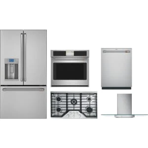 Cafe 5-Piece Package CYE22TP2MS1 36 Counter-Depth French-Door Smart Refrigerator and CGP95362MS1 36 Cooktop and CTS70DP2NS1 30 Wall Oven and CDT828P2VS1 24 Integrated Dishwasher and CVW73612MSS 36 Wall-Mount Glass Canopy Chimney Hood