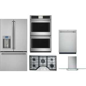Cafe 5-Piece Package CYE22TP2MS1 36 Counter-Depth Refrigerator and CGP95362MS1 36 Cooktop and CTD70DP2NS1 30 Double Convection Electric Wall Oven and CDT828P2VS1 24 Integrated Dishwasher and CVW73612MSS 36 Wall-Mount Glass Canopy Chimney Hood
