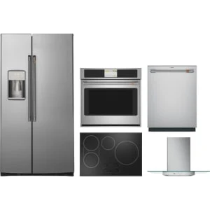 Cafe 5-Piece Package CZS22MP2NS1 36 Counter-Depth Freestanding Side by Side Refrigerator and CHP90301TBB 30 Cooktop and CTS70DP2NS1 30 Wall Oven and CDT828P2VS1 24 Integrated Dishwasher and CVW73012MSS 30 Wall-Mount Glass Canopy Chimney Hood