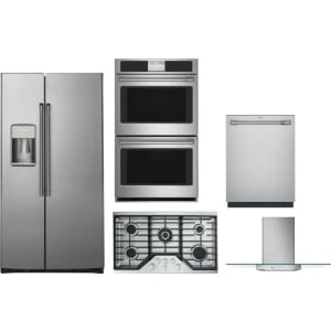 Cafe 5-Piece Package CZS22MP2NS1 36 Counter-Depth Side by Side Refrigerator and CGP95362MS1 36 Cooktop and CTD70DP2NS1 30 Double Convection Electric Wall Oven and CDT828P2VS1 24 Integrated Dishwasher and CVW73612MSS 36 Wall-Mount Glass Canopy Chimney Hood