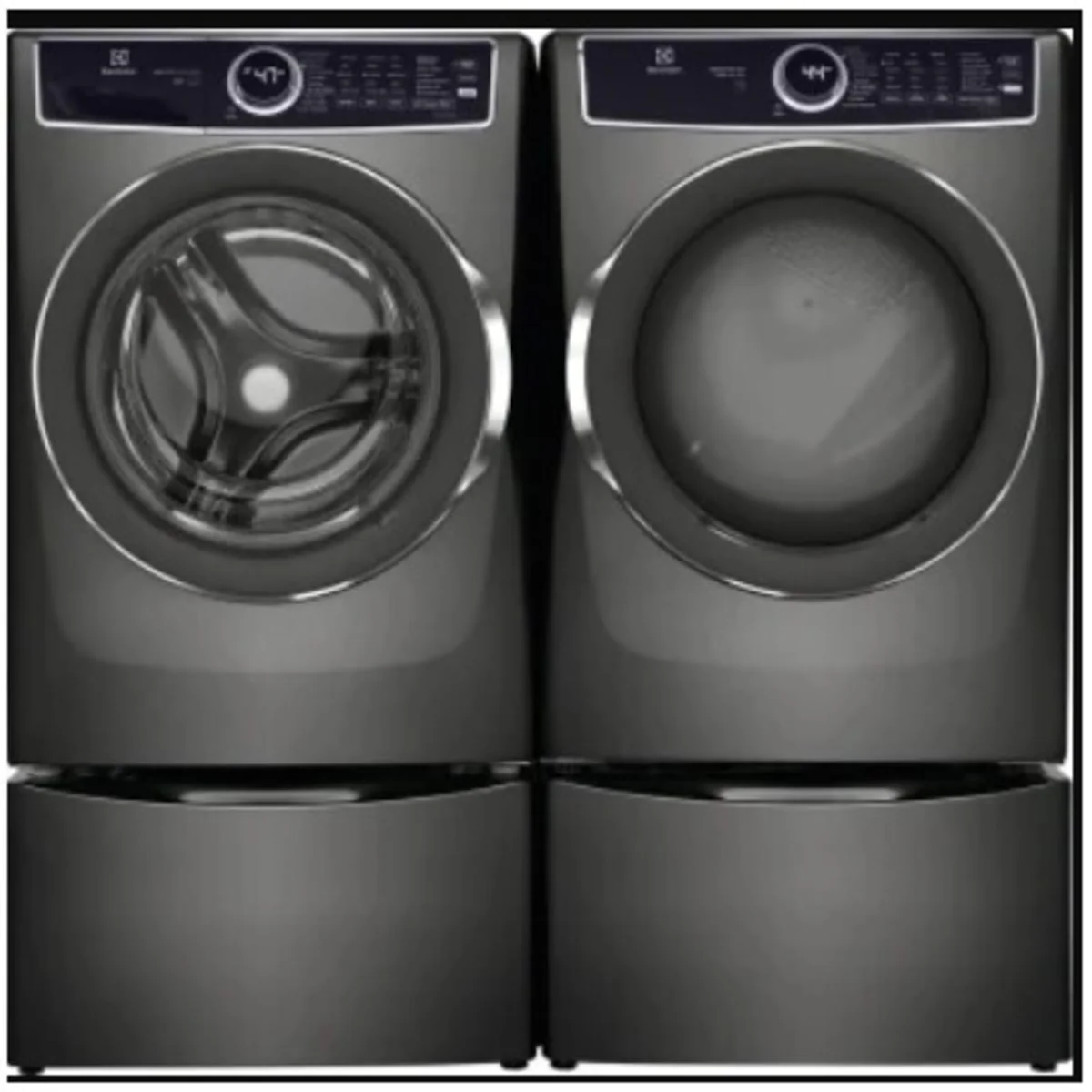 Electrolux ELFW7537AT 27 Inch Front Load Washer & Electrolux ELFE7537AT 27 Inch Electic Dryer with Electrolux EPWD257UTT 27 Inch Titanium Pedestal