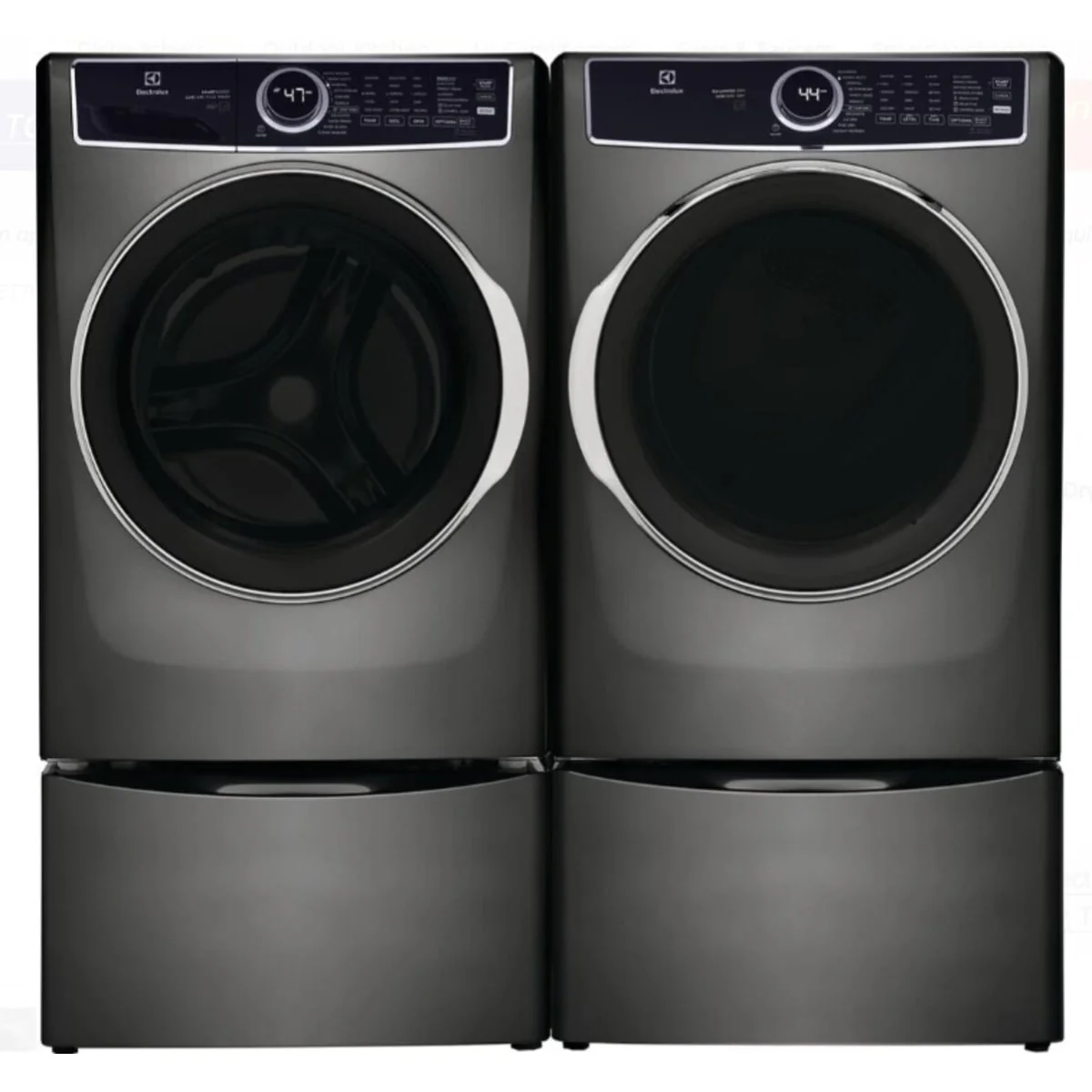 Electrolux ELFW7537AT 27 Inch Front Load Washer & Electrolux ELFG7537AT 27 Inch Gas Dryer with Electrolux EPWD257UTT 27 Inch Titanium Pedestal