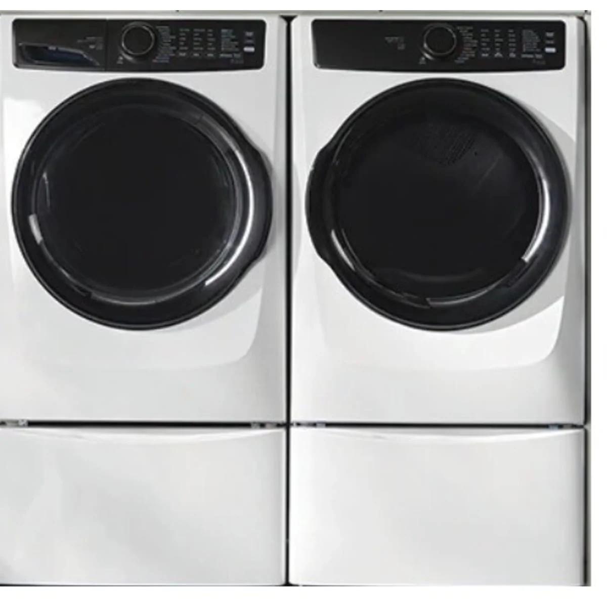 Electrolux ELFW7738AW 27 Inch Front Load Washer & Electrolux ELFE7738AW 27 Inch Front Load Electric Dryer with Electrolux EPWD257UIW 27 Inch Island White Pedestal