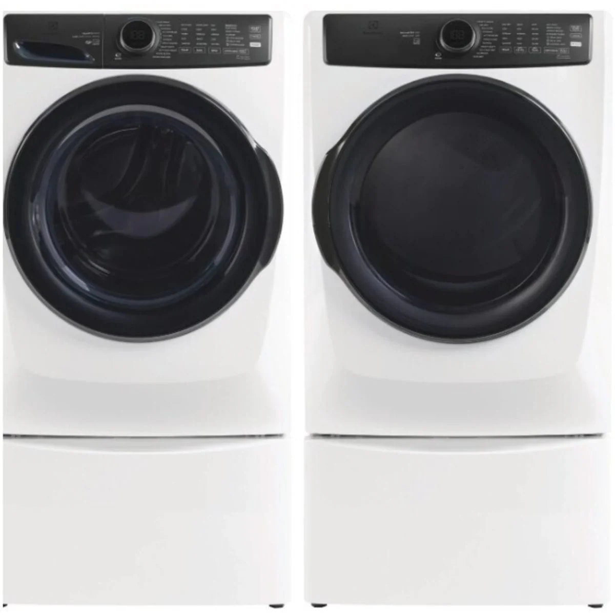 Electrolux ELFW7738MW 27 Inch Front Load Washer & Electrolux ELFE7738MW 27 Inch Front Load Electric Dryer with Electrolux EPWD257UIW 27 Inch Island White Pedestal
