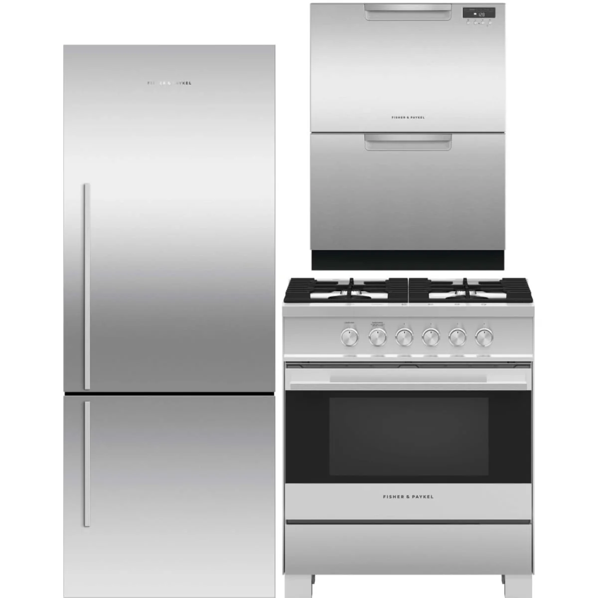 Fisher & Paykel 3-Piece Package RF135BDRJX4 25 Inch Freestanding Bottom Mount Refrigerator and OR30SDG4X1 30 Inch Freestanding Gas Range and DD24DAX9N 24 Inch Full Console Double DishDrawer™
