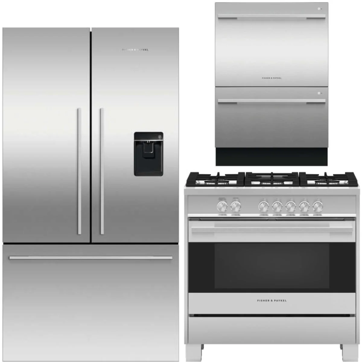 Fisher & Paykel 3-Piece Package RF201ADUSX5N 36 Inch Freestanding French Door Refrigerator and OR36SDG4X1 36 Inch Freestanding Gas Range and DD24DDFTX9N 24 Inch Fully-Integrated Double DishDrawer