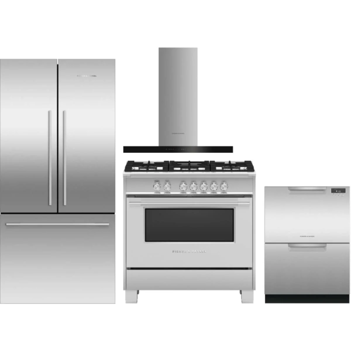Fisher & Paykel 4 Piece Package featuring RF170ADX4N 32 inch counter depth French door refrigerator, OR36SCG4X1 36 inch gas range, DD24DAX9N 24 inch double DishDrawer, and HC36DCXB4 36 inch wall mount chimney range hood