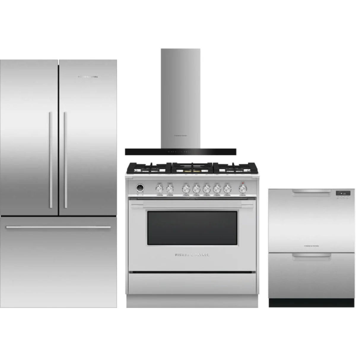 Fisher & Paykel 4 Piece Package featuring RF170ADX4N 32 inch counter depth French door refrigerator, OR36SCG6X1 36 inch dual fuel range, DD24DCTX9N 24 inch double DishDrawer, and HC36DCXB4 36 inch wall mount chimney range hood