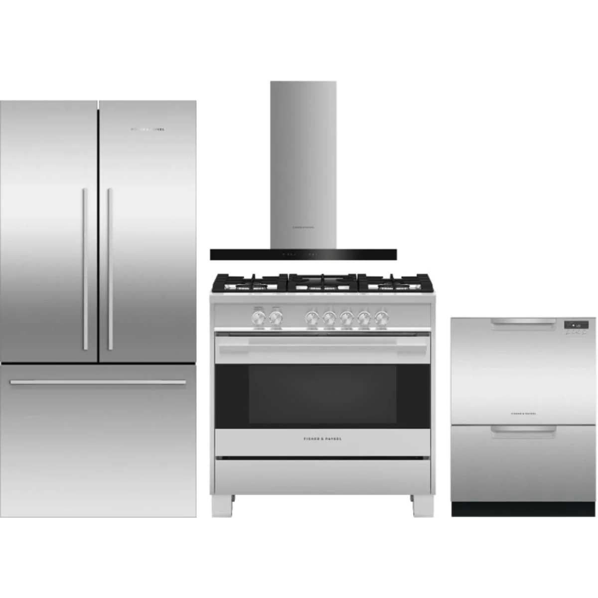 Fisher & Paykel 4 Piece Package featuring RF170ADX4N 32 inch counter depth French door refrigerator, OR36SDG4X1 36 inch gas range, DD24DCTX9N 24 inch double DishDrawer, and HC36DCXB4 36 inch wall mount chimney range hood