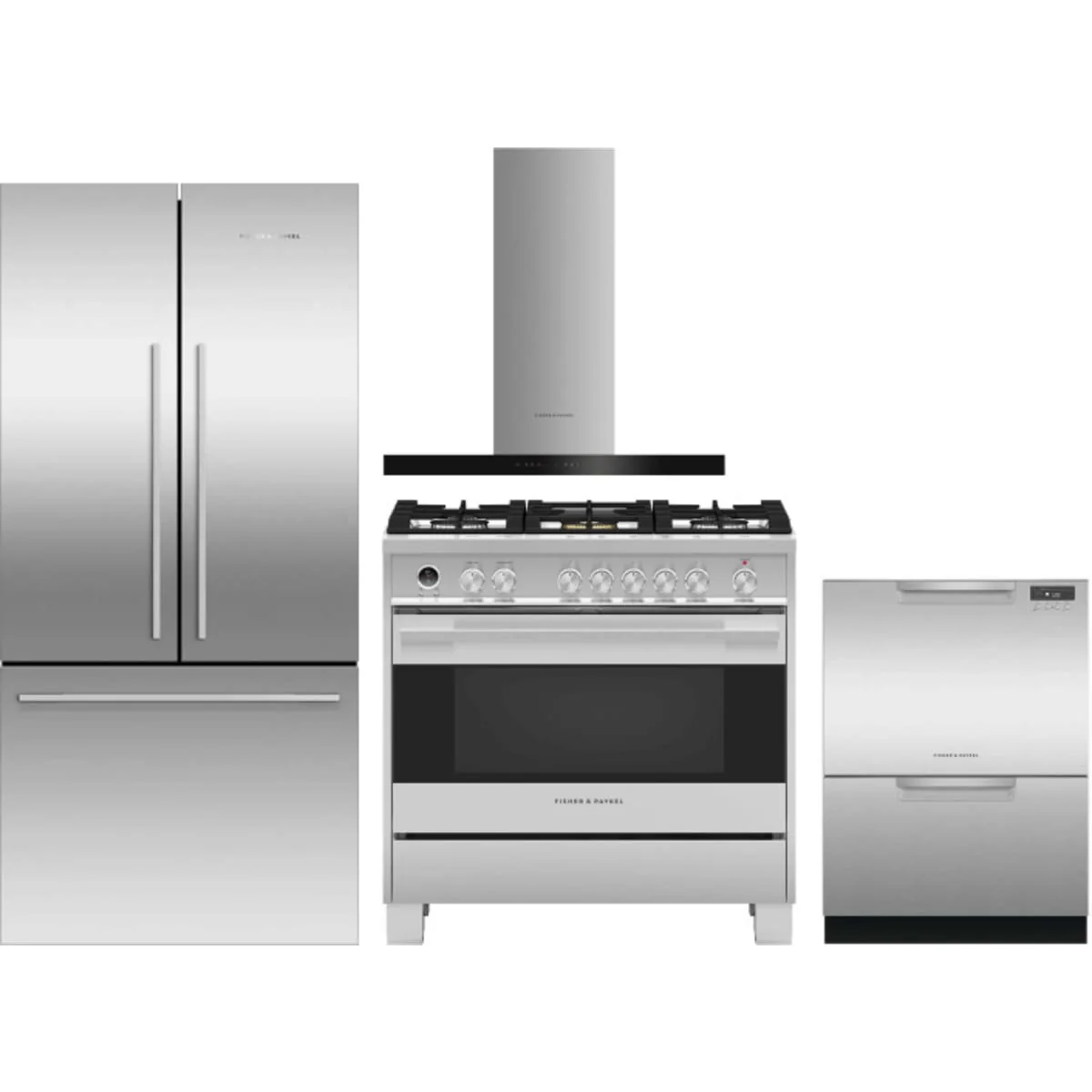 Fisher & Paykel 4 Piece Package featuring RF170ADX4N 32 inch counter depth French door refrigerator, OR36SDG6X1 36 inch dual fuel range, DD24DCTX9N 24 inch double DishDrawer, and HC36DCXB4 36 inch wall mount chimney range hood