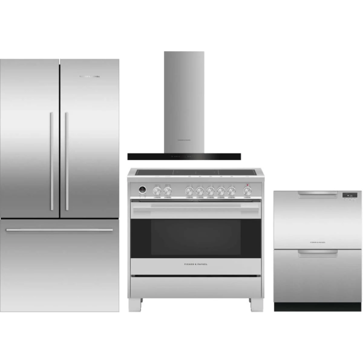 Fisher & Paykel 4 Piece Package featuring RF170ADX4N 32 inch counter depth French door refrigerator, OR36SDI6X1 36 inch induction range, DD24DAX9N 24 inch double DishDrawer, and HC36DCXB4 36 inch wall mount chimney range hood.