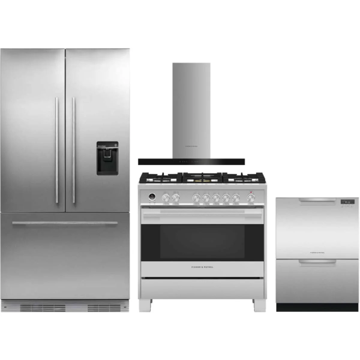 Fisher & Paykel 4 Piece Package featuring RS36A72U1N 36 inch panel ready built in French door refrigerator, OR36SDG6X1 36 inch dual fuel range, DD24DCHTX9N 24 inch double DishDrawer, and HC36DCXB4 36 inch wall mount chimney range hood