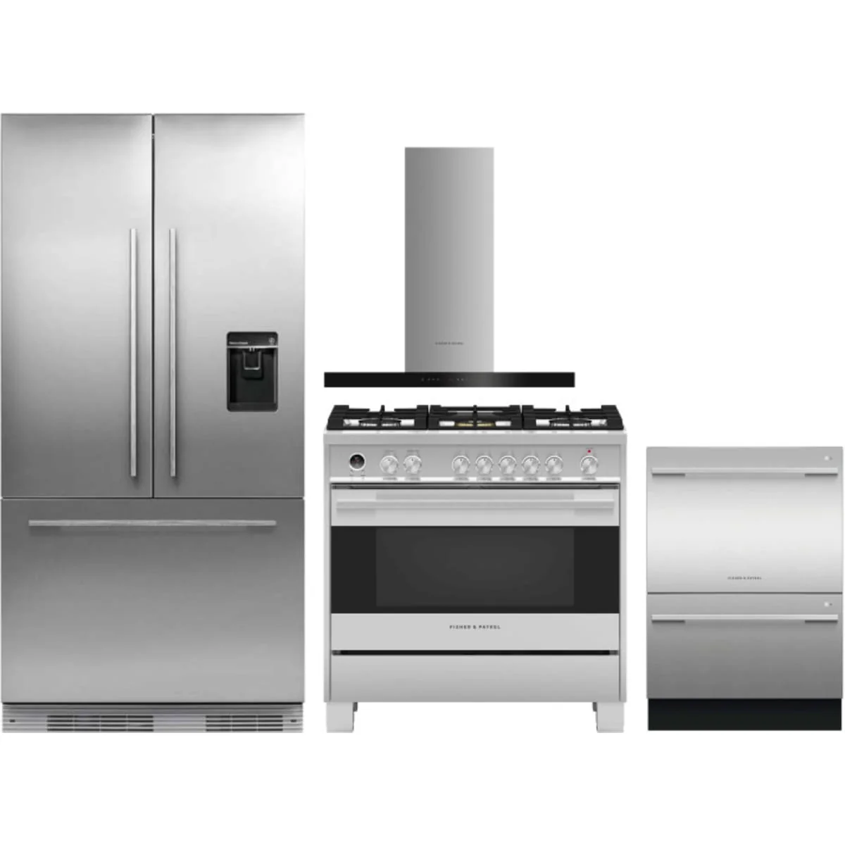 Fisher & Paykel 4 Piece Package featuring RS36A72U1N 36 inch panel ready built in French door refrigerator, OR36SDG6X1 36 inch dual fuel range, DD24DDFTX9N 24 inch double DishDrawer, and HC36DCXB4 36 inch wall mount chimney range hood