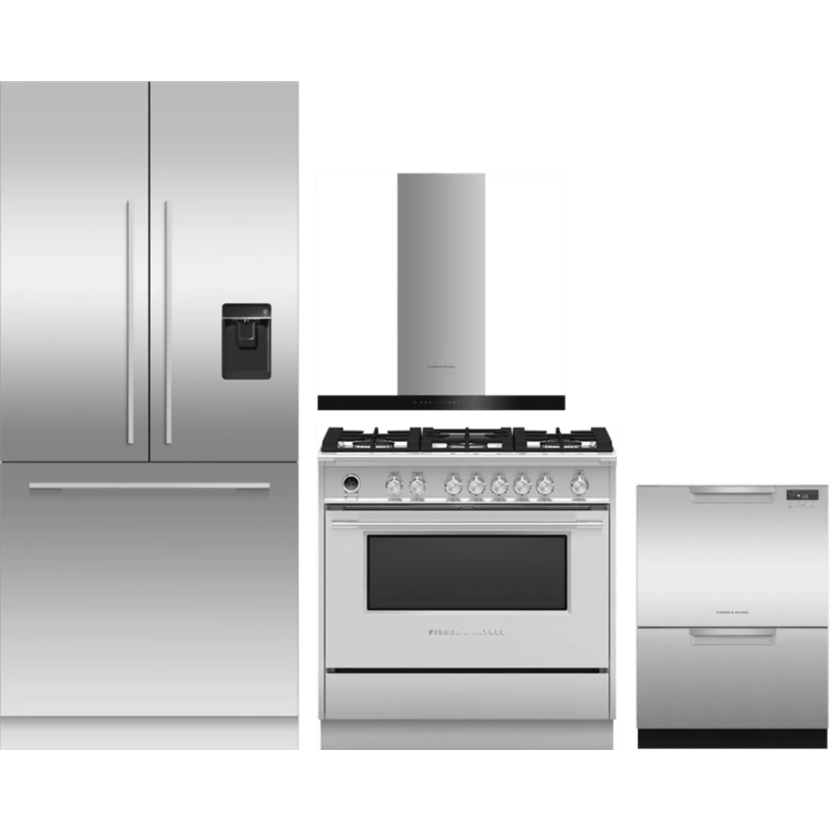 Fisher & Paykel 4 Piece Package featuring RS36A80U1N 36 inch panel ready built in French door refrigerator, OR36SCG6X1 36 inch dual fuel range, DD24DCTX9N 24 inch double DishDrawer, and HC36DCXB4 36 inch wall mount chimney range hood