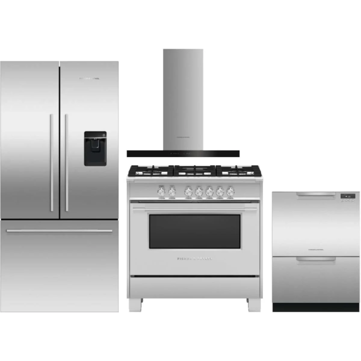 Fisher & Paykel 4-Piece Package RF170ADUSX4N 31 Inch Counter Depth French Door Refrigerator and OR36SCG4X1 36 Inch Freestanding Gas Range and DD24DCTX9N 24 Inch Full Console Double DishDrawer and HC36DCXB4 36 Inch Wall Mount Chimney Smart Range Hood