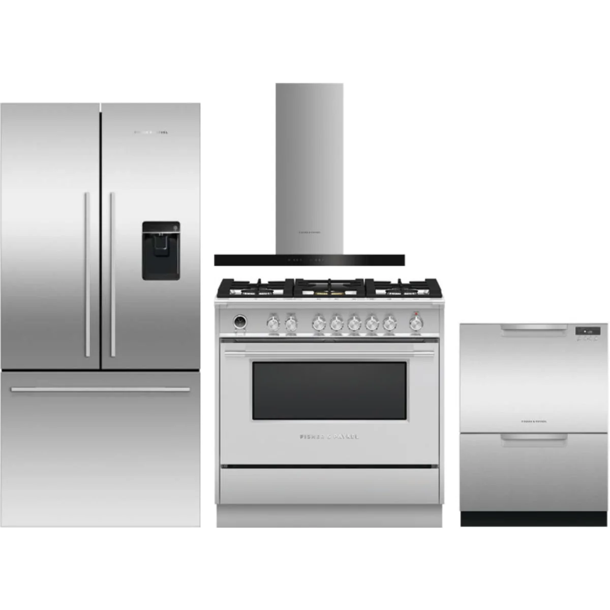 Fisher & Paykel 4-Piece Package RF170ADUSX4N 31 Inch Counter Depth French Door Refrigerator and OR36SCG6X1 36 Inch Freestanding Dual Fuel Range and DD24DCTX9N 24 Inch Full Console Double DishDrawer and HC36DCXB4 36 Inch Wall Mount Chimney Smart Range Hood
