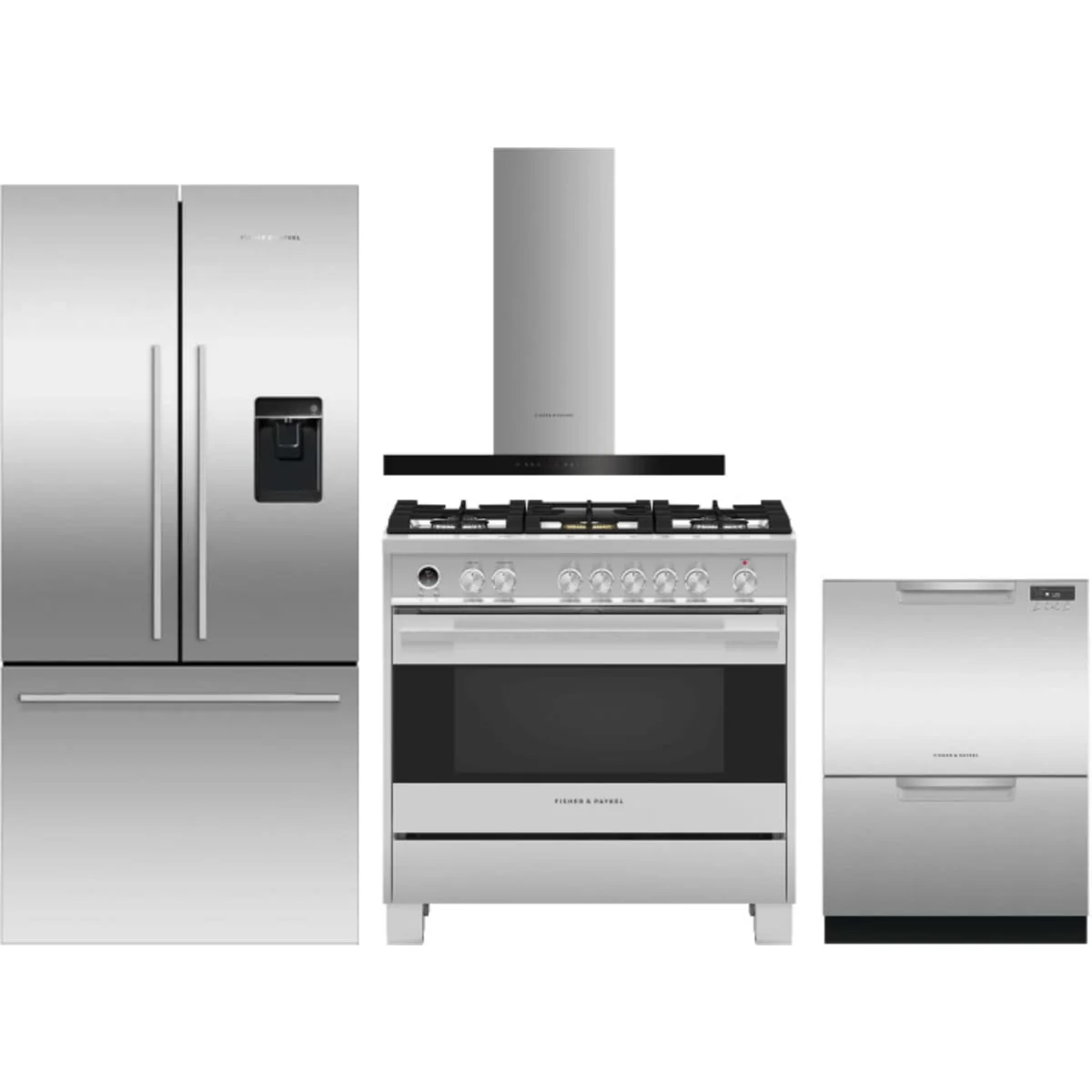 Fisher & Paykel 4-Piece Package RF170ADUSX4N 31 Inch Counter Depth French Door Refrigerator and OR36SDG6X1 36 Inch Freestanding Dual Fuel Range and DD24DCTX9N 24 Inch Full Console Double DishDrawer and HC36DCXB4 36 Inch Wall Mount Chimney Smart Range Hood